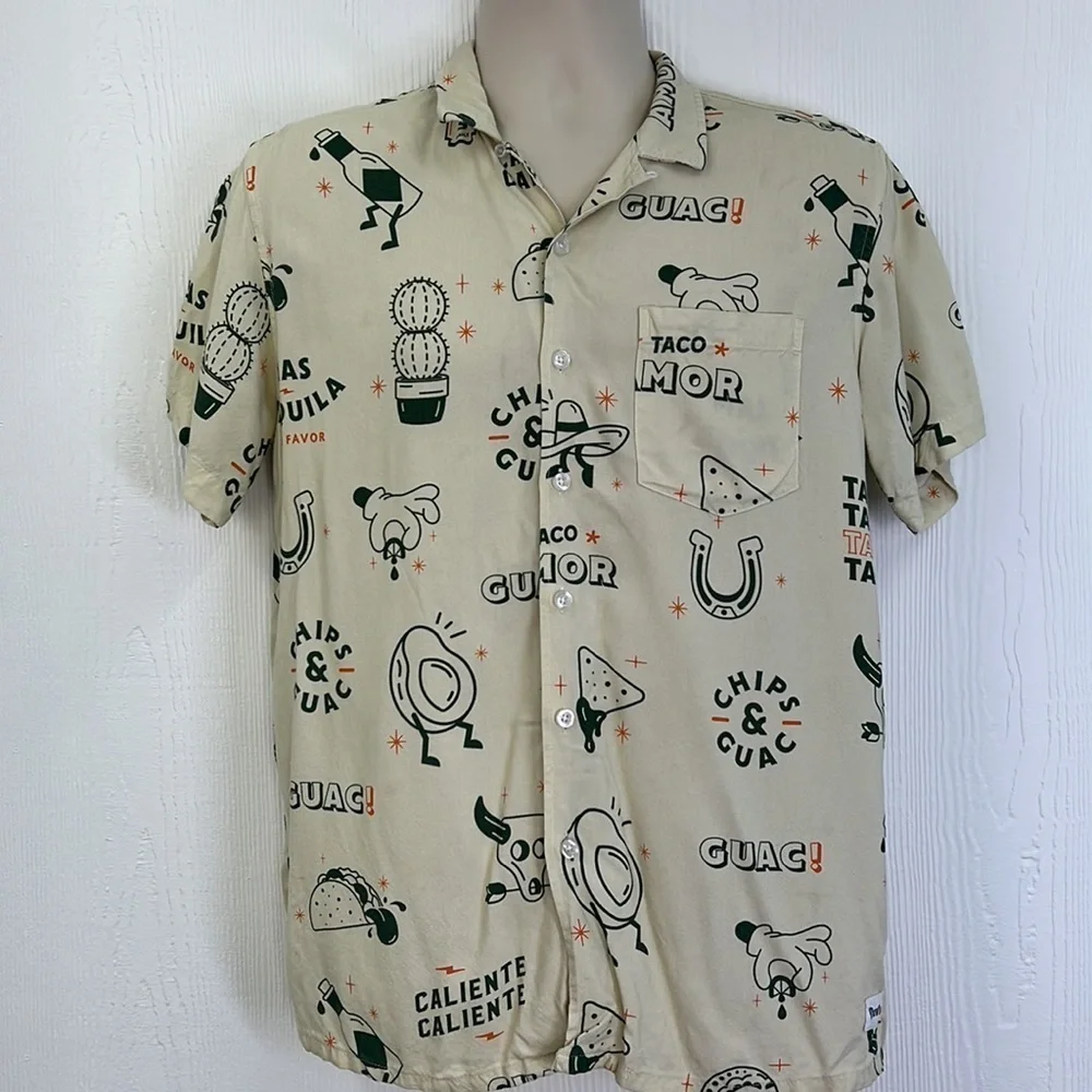 Duvin - Beige Taco Guacamole Fun Graphic Short Sleeve Button Up Size Small - Picture 3 of 12